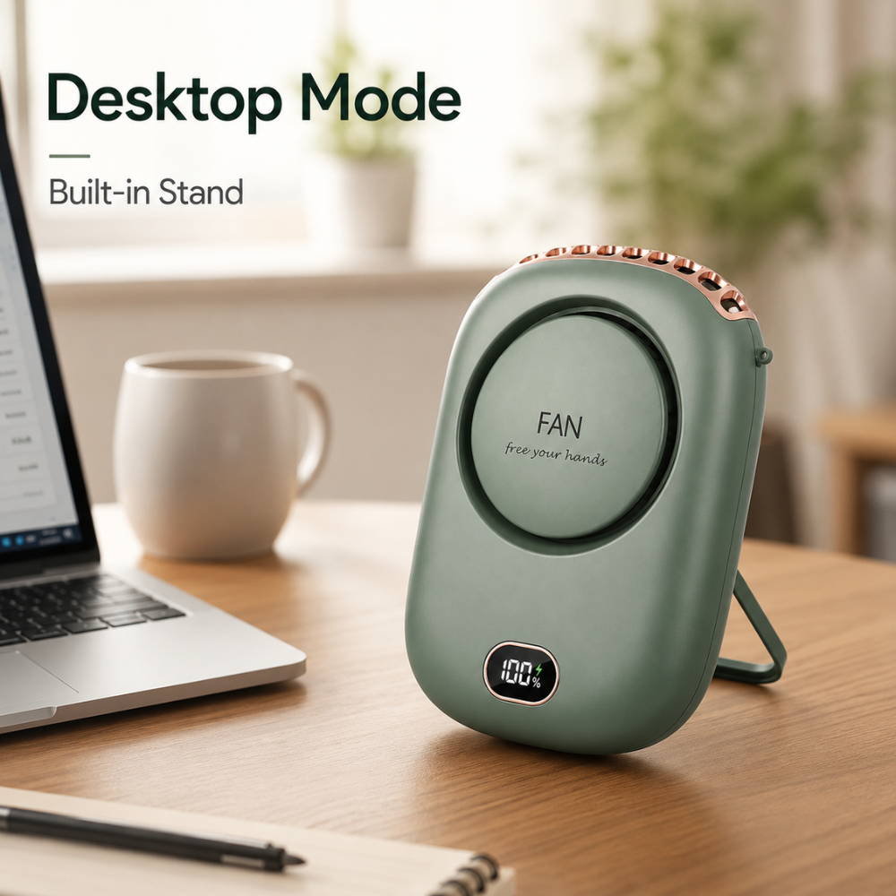 Tragbarer Halsventilator mit Display – USB-aufladbarer Mini-Ventilator mit 3 Geschwindigkeitsstufen und Trageband für Reisen & Outdoor