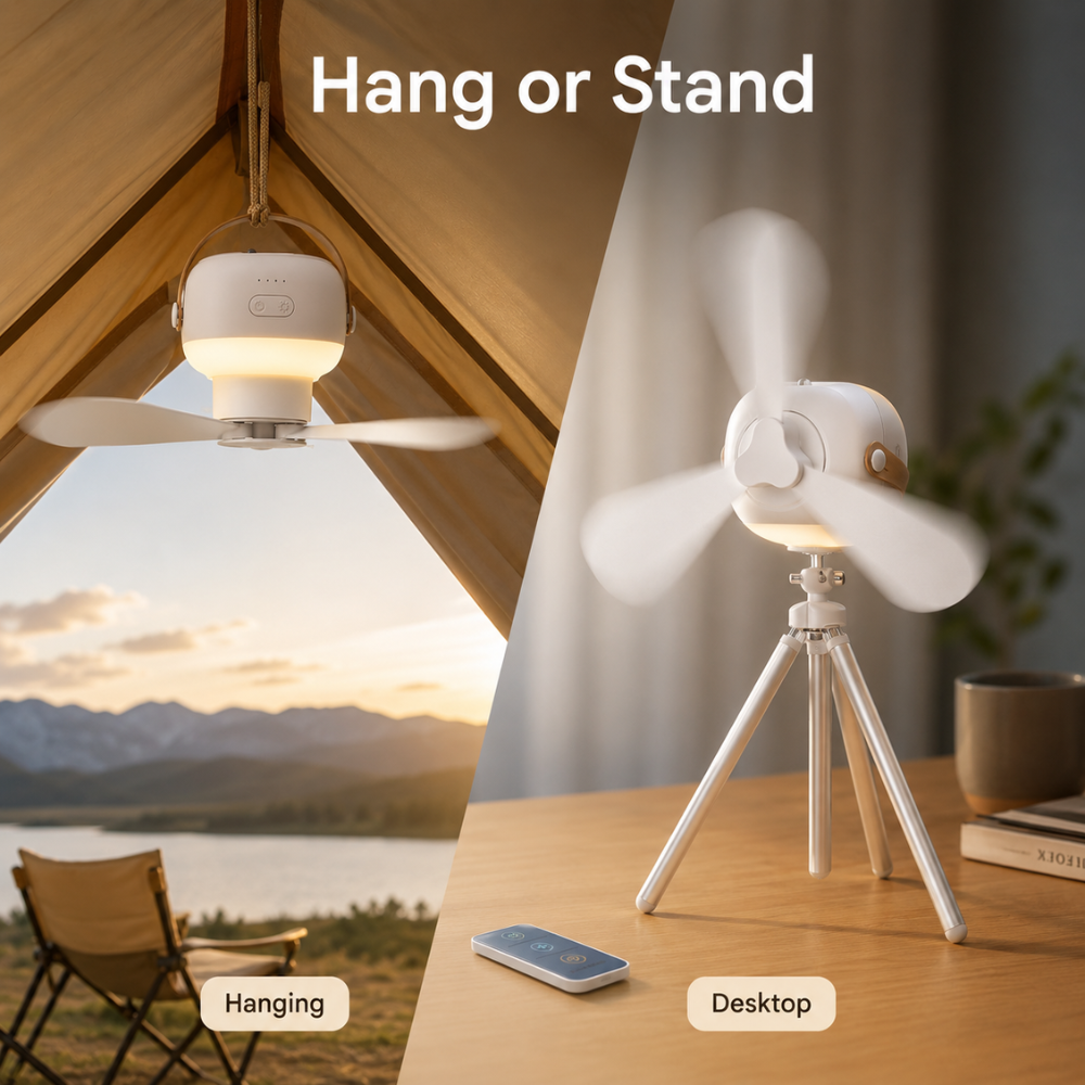 Tragbarer Camping Ventilator mit LED Licht Fernbedienung USB Akku Zelt Deckenventilator Weiß