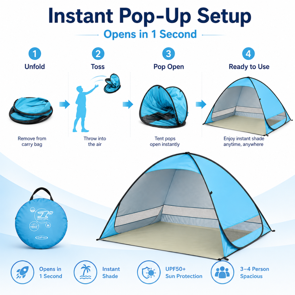 Pop Up Strandmuschel Blau 200 x 165 x 130 cm UPF50+ Strandzelt aus Polyester für Strand Camping