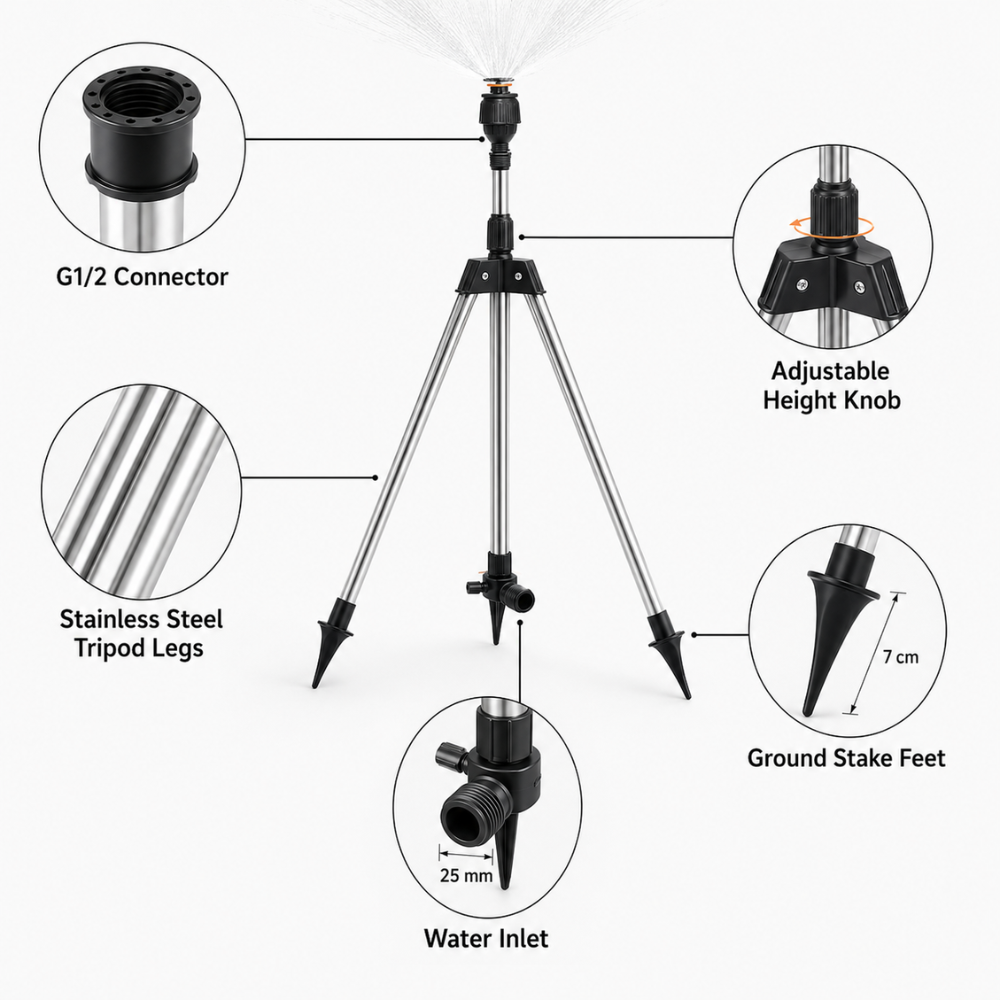 360° Automatischer Rasensprenger mit Edelstahl-Stativ – Höhenverstellbarer Garten-Sprinkler für Rasen, Beete & Bewässerung