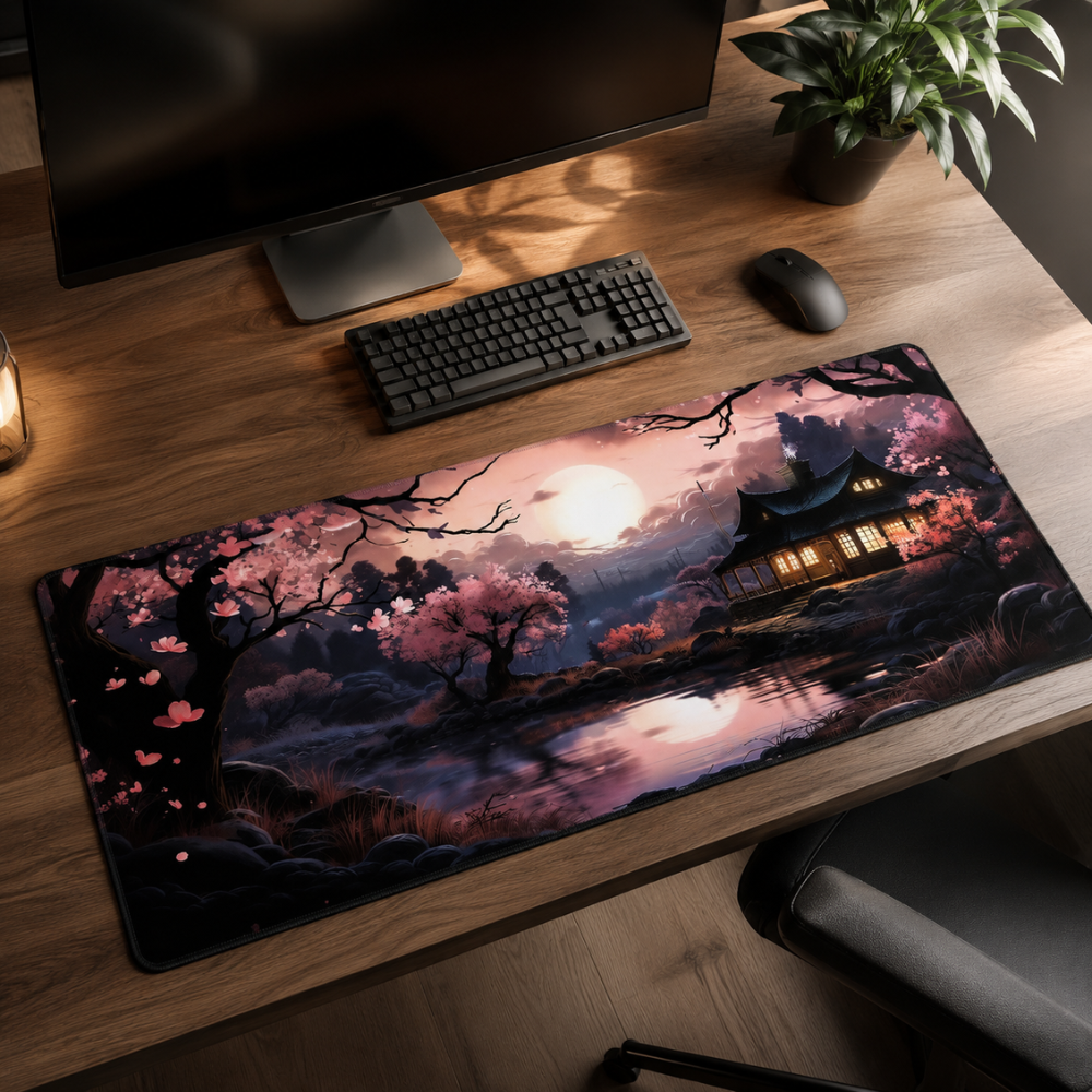 Schreibtischunterlage & XXL Gaming-Mauspad 100 × 50 cm – Sakura-Landschaft bei Nacht, rutschfeste Stoffmatte für Büro, Homeoffice, Schule & Gaming