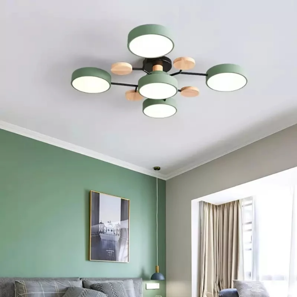 Moderne Mehrpunkt LED Deckenleuchte - Große Holz & Metall Leuchte für Esszimmer