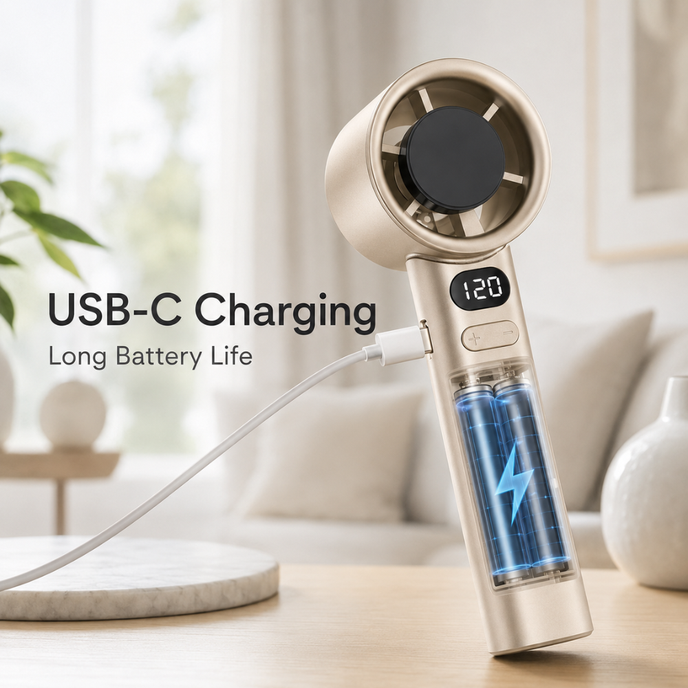 Wiederaufladbarer Handventilator mit Digitalanzeige – kompakter USB-Mini-Ventilator mit stufenloser Geschwindigkeitsregelung für Reise, Büro und Zuhause