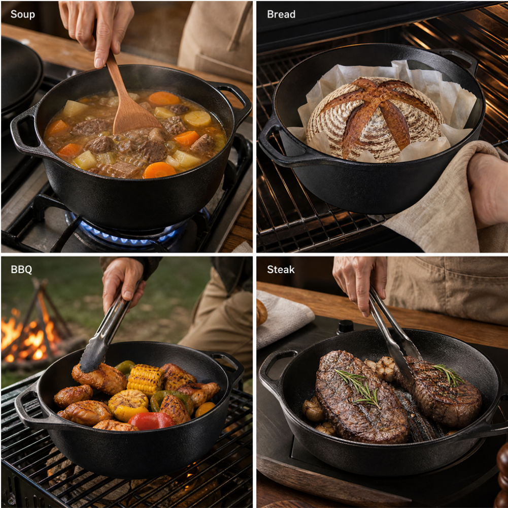 Gusseisen Dutch Oven 26/28 cm – 2-in-1 Schmortopf mit Pfannendeckel für Brot, Braten, Backen & Camping