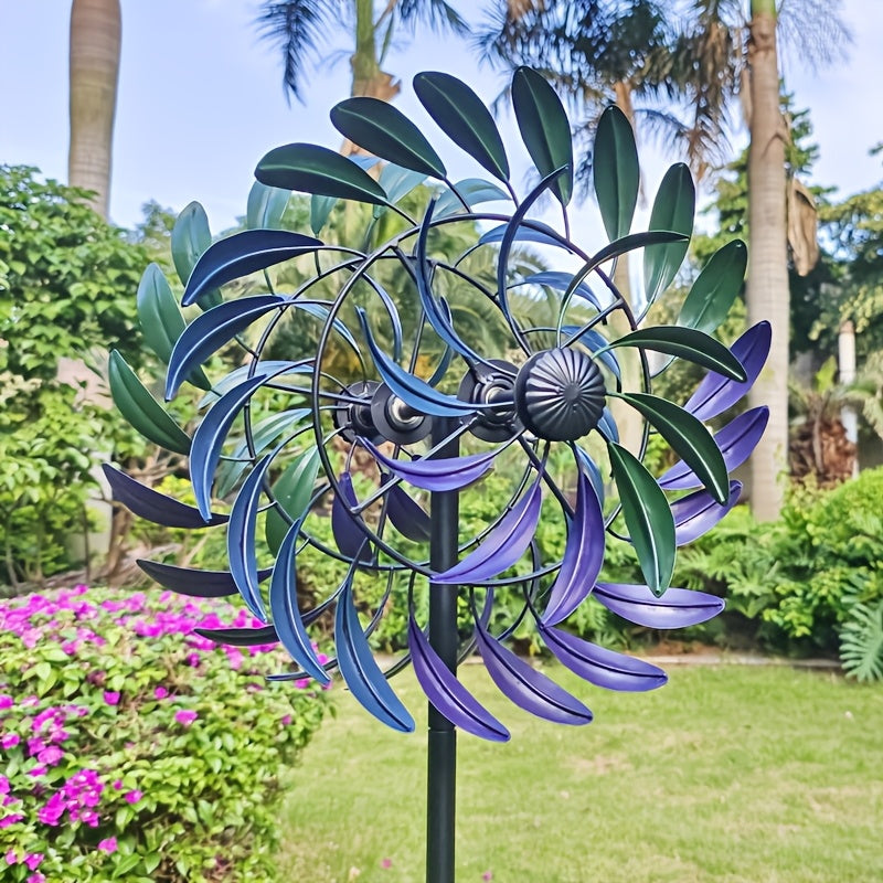 Metall Windspinner für Garten – Kinetische Gartenstecker Deko mit Lila-Blauen Blättern für Rasen, Terrasse & Balkon