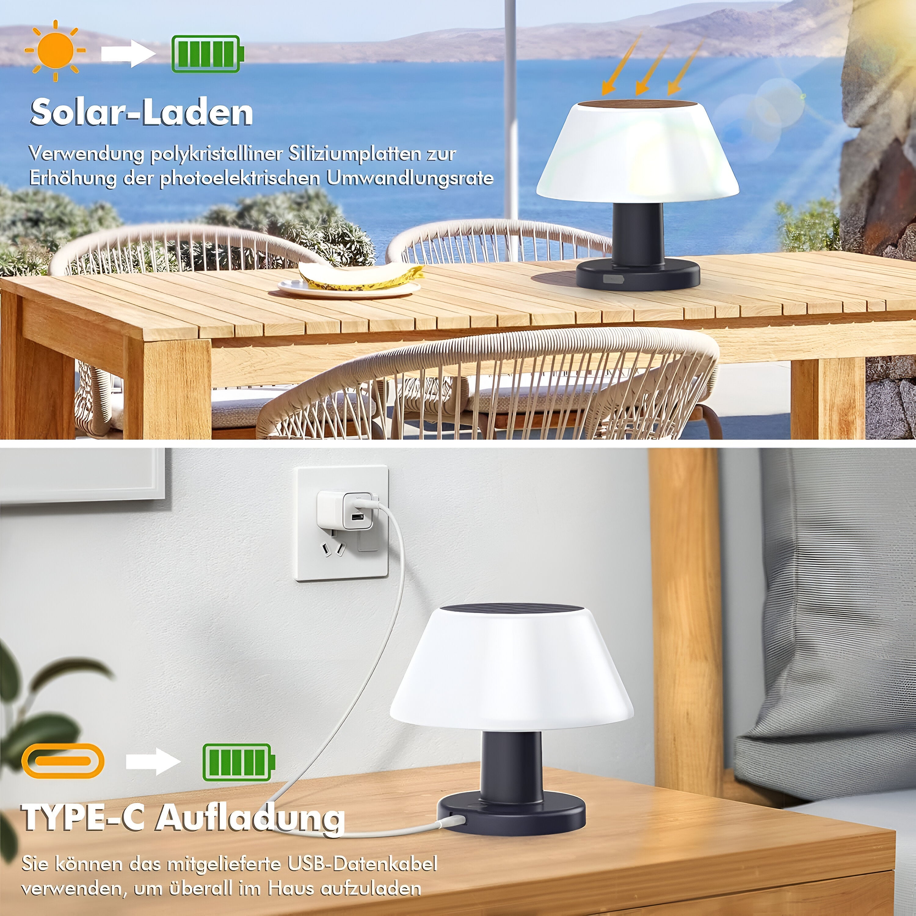 TinySolar Kabellose Tischlampe - Solarbetriebenes Tischlampe - Stilvolle Innen- und Außenbeleuchtung
