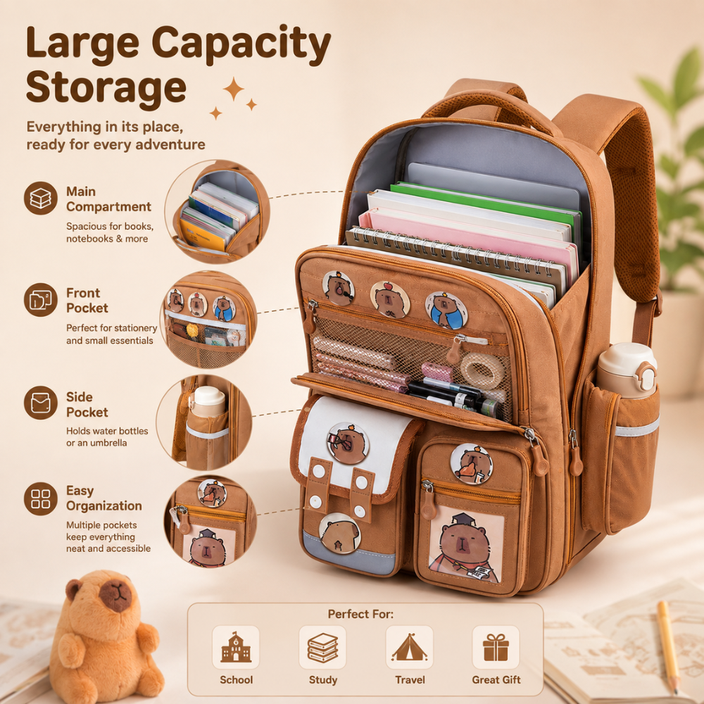Kinder-Schulrucksack mit Capybara-Motiv – Wasserabweisender Rucksack mit großem Fassungsvermögen & gepolsterten Trägern für Schule & Freizeit