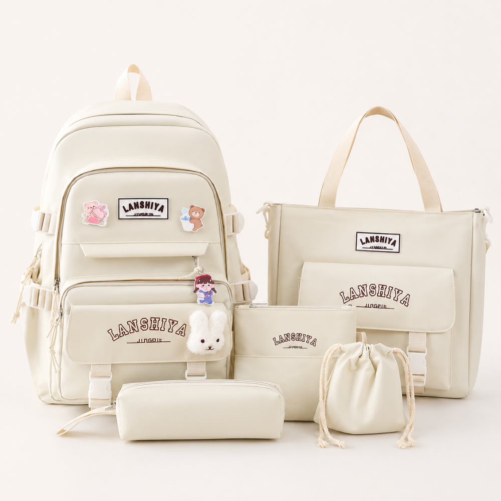 Teenager-Schulrucksack-Set 5-teilig 40 × 30 × 13 cm – Großer Studentenrucksack mit Tragetasche, Mäppchen & Beuteln für Schule, Freizeit & Alltag
