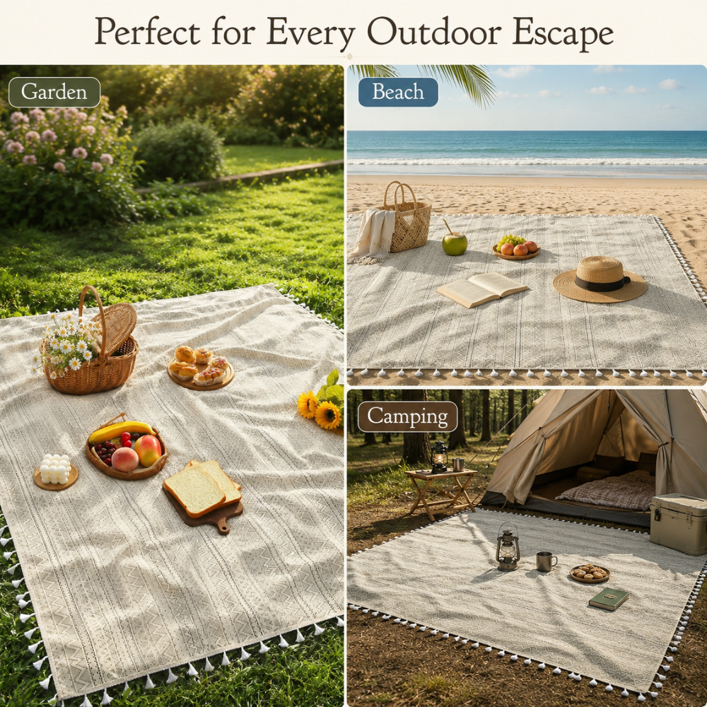 Boho Picknickdecke Beige mit Fransen – waschbare Decke bis XXL für Picknick, Strand, Garten & Esstisch