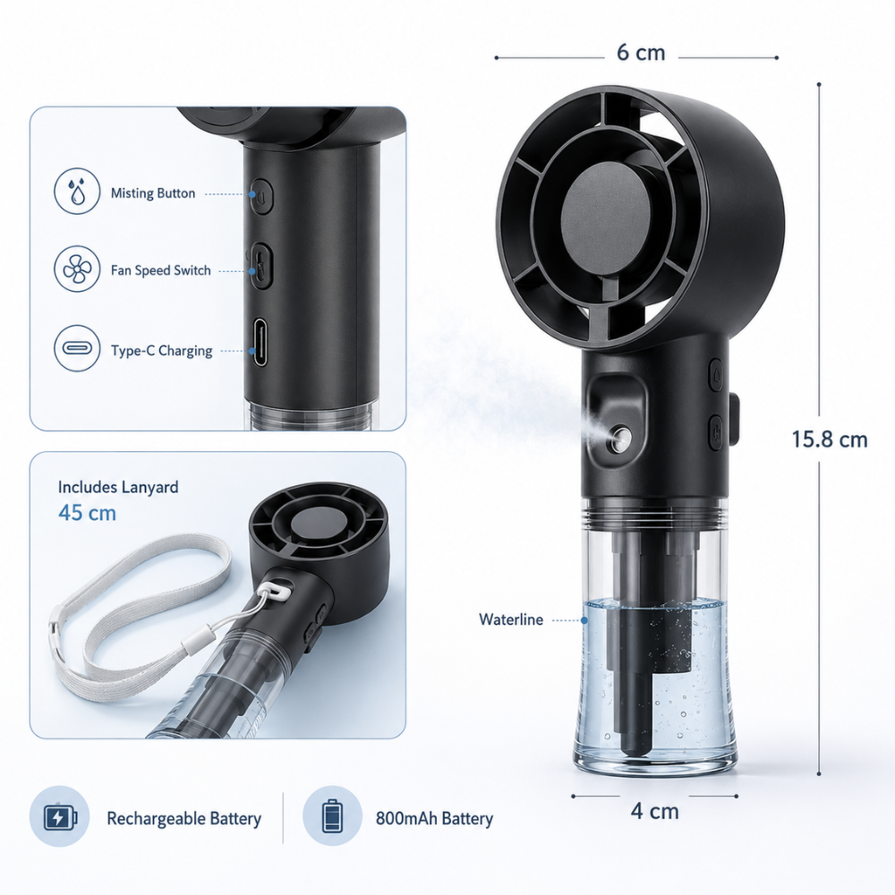 Tragbarer Mini-Sprühventilator – USB-aufladbarer Handventilator mit Wassertank und 4 Geschwindigkeitsstufen