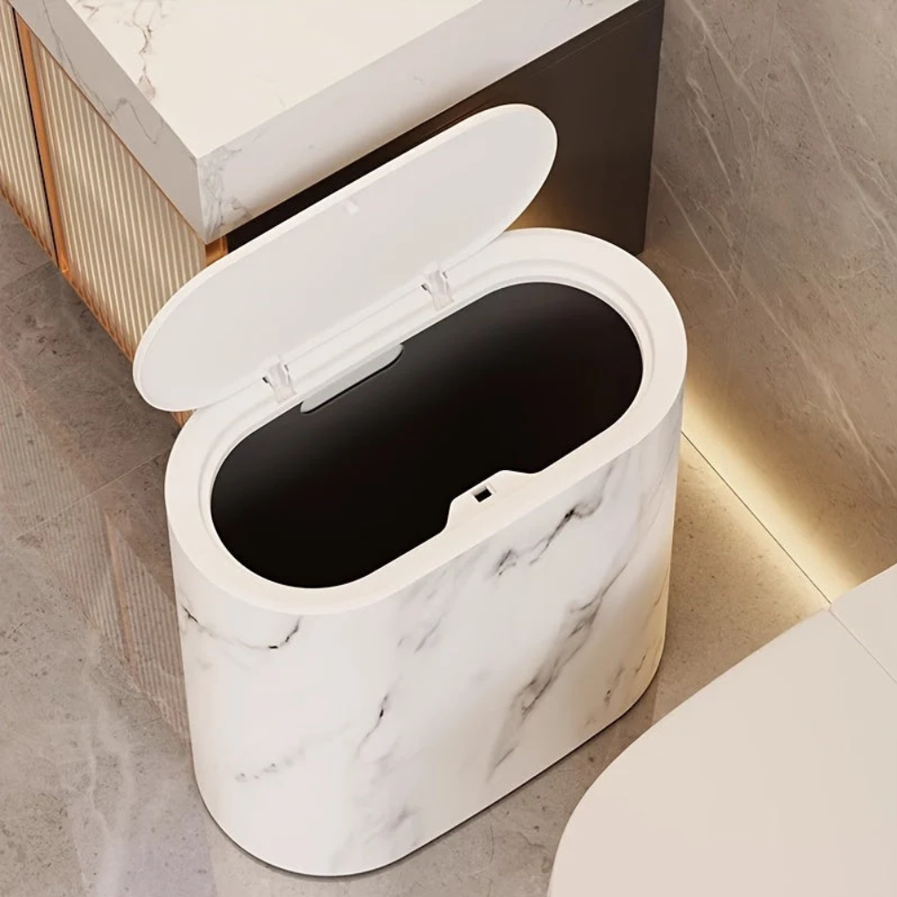 Ovale Kosmetik Eimer mit Deckel Marmor-Design - Platzsparender Mülleimer für Bad & Büro  29x29x14,5cm