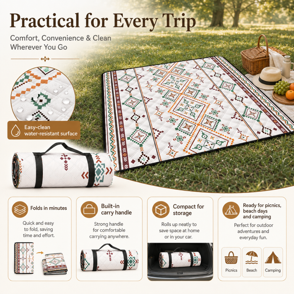Picknickdecke 200 x 200 cm Outdoor Campingdecke aus Polyester Faltbare Stranddecke mit Tragegriff für Garten Strand