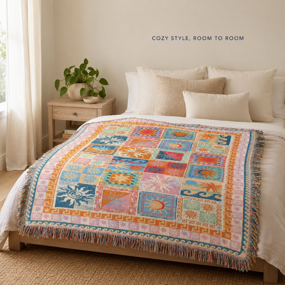 Bunte Boho Picknickdecke mit Fransen | Waschbare Polyester Outdoor-Decke für Camping, Strand, Sofa und Garten