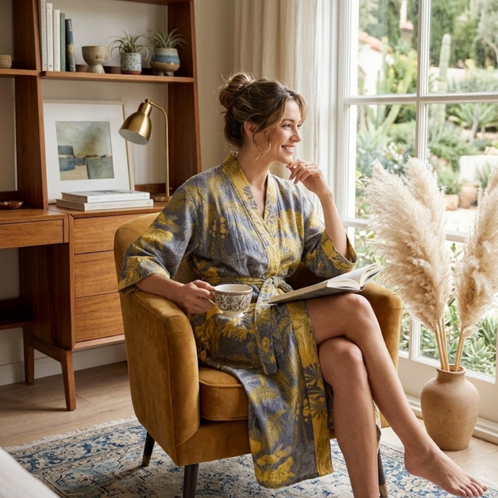 Baumwoll-Gaze Kimono Bademantel - Leichter Morgenmantel & Loungewear für Damen & Herren