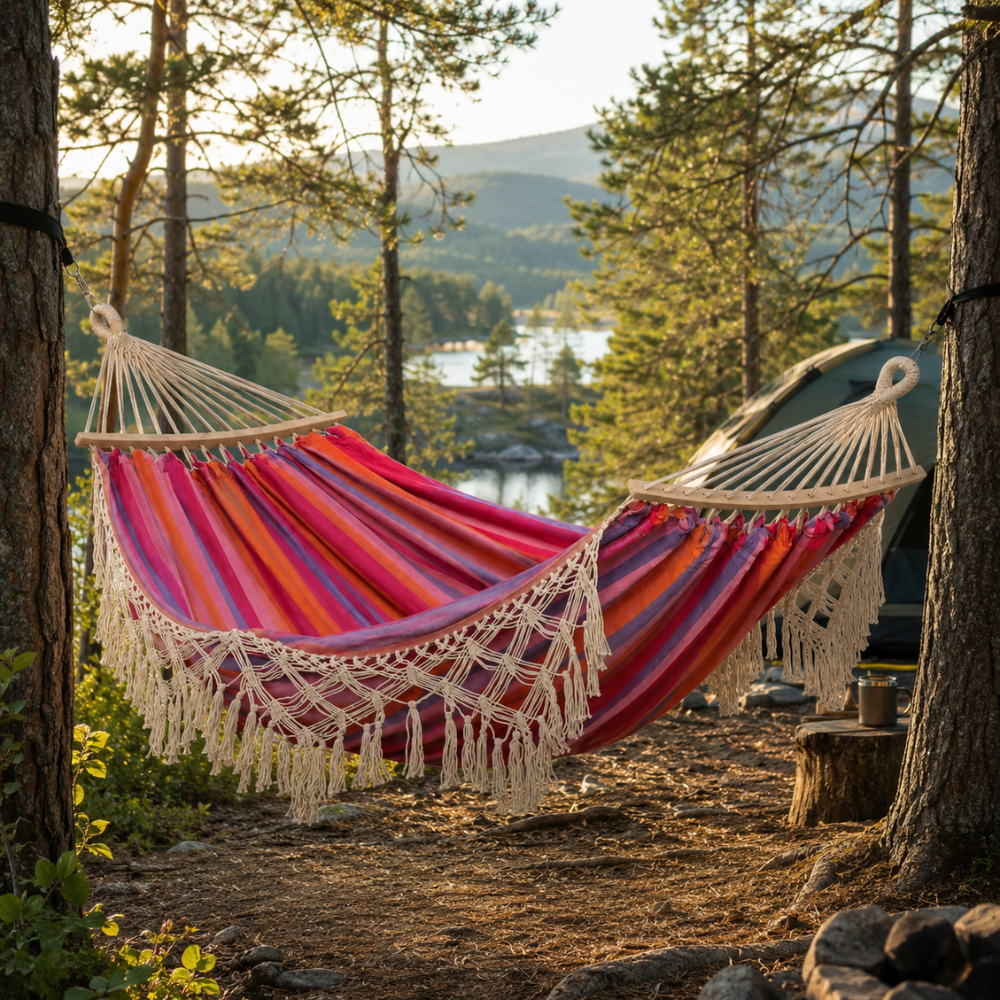 Bohemian Baumwoll Hängematte - Bunte Streifen mit Pompons für Garten und Innenräume