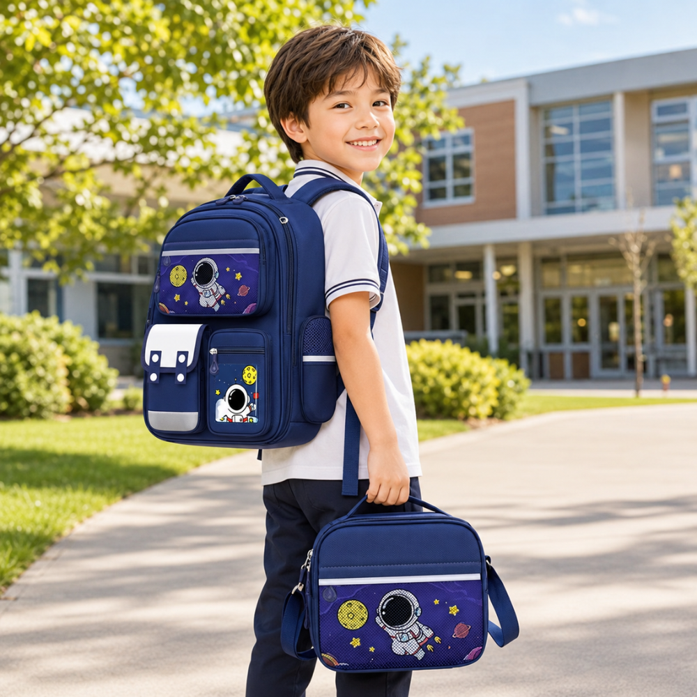 Schulrucksack 3-teilig mit Astronauten-Motiv – Großer Rucksack mit Lunchbag & Federmäppchen für Schule, Reisen & Alltag