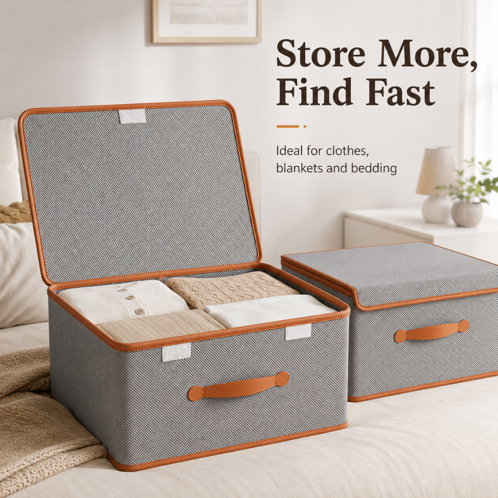 Faltbare Aufbewahrungsbox mit Deckel & Ledergriffen – Stoffbox aus Oxford, Stapelbar
