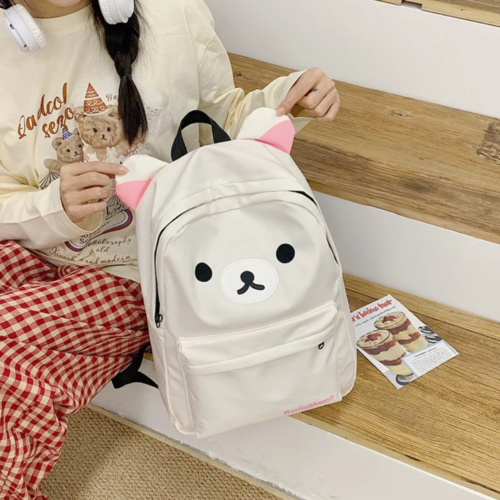 Kawaii Bären-Rucksack 43 × 30 cm – Wasserabweisender Schulrucksack mit Ohren & Frontfach für Schule, Uni & Reisen