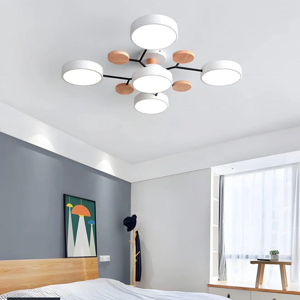 Moderne Mehrpunkt LED Deckenleuchte - Große Holz & Metall Leuchte für Esszimmer