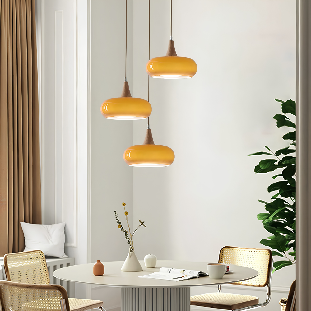Skandinavische Holz & Glas Hängeleuchte - Moderne Pendellampe mit Holzakzent