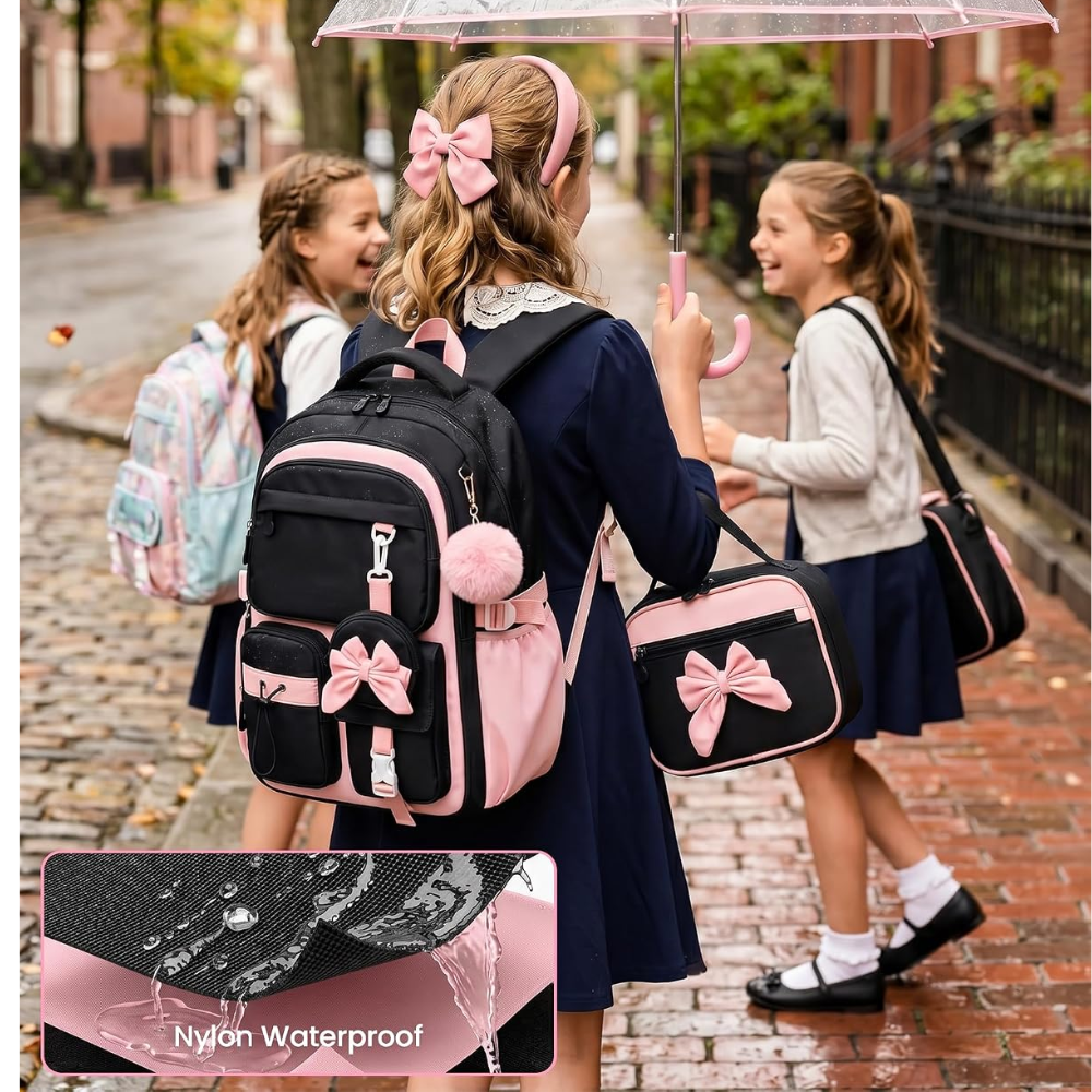 Kinder-Schulrucksack-Set mit Schleifen-Design – 3-teiliges wasserabweisendes Rucksack-Set mit Lunchbag & Federmäppchen