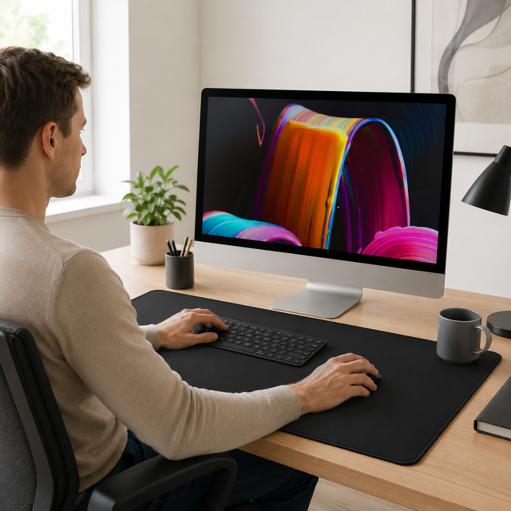 Große schwarze Schreibtischunterlage & Gaming-Mauspad | Rutschfeste Gummi-Matte mit genähter Kante für Büro, Schule & Gaming