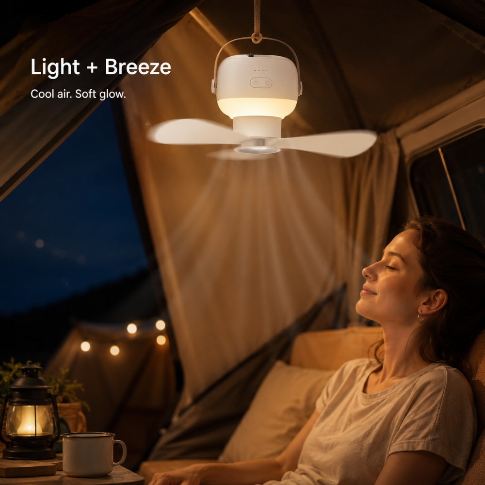 Tragbarer Camping Ventilator mit LED Licht Fernbedienung USB Akku Zelt Deckenventilator Weiß