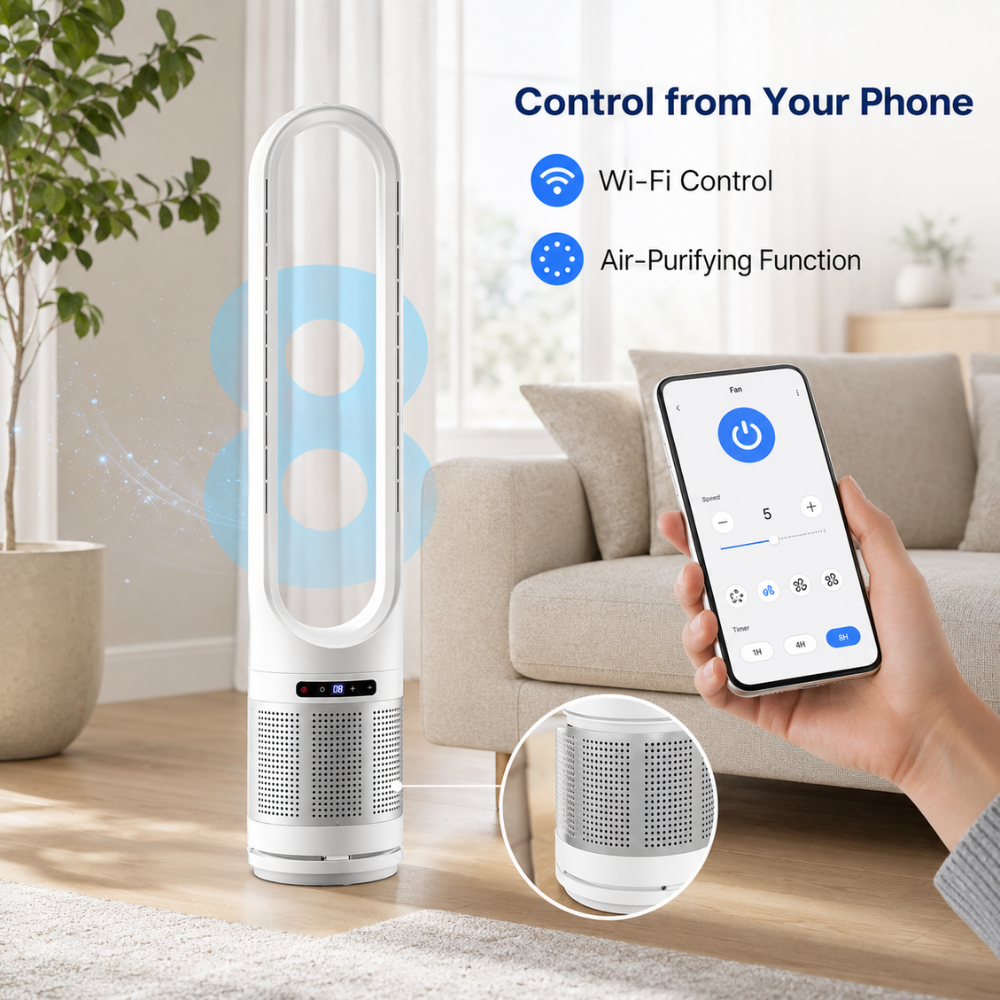 Leiser Turmventilator mit Fernbedienung & Timer – Flügelloser Standventilator mit WLAN-App und 8 Geschwindigkeiten