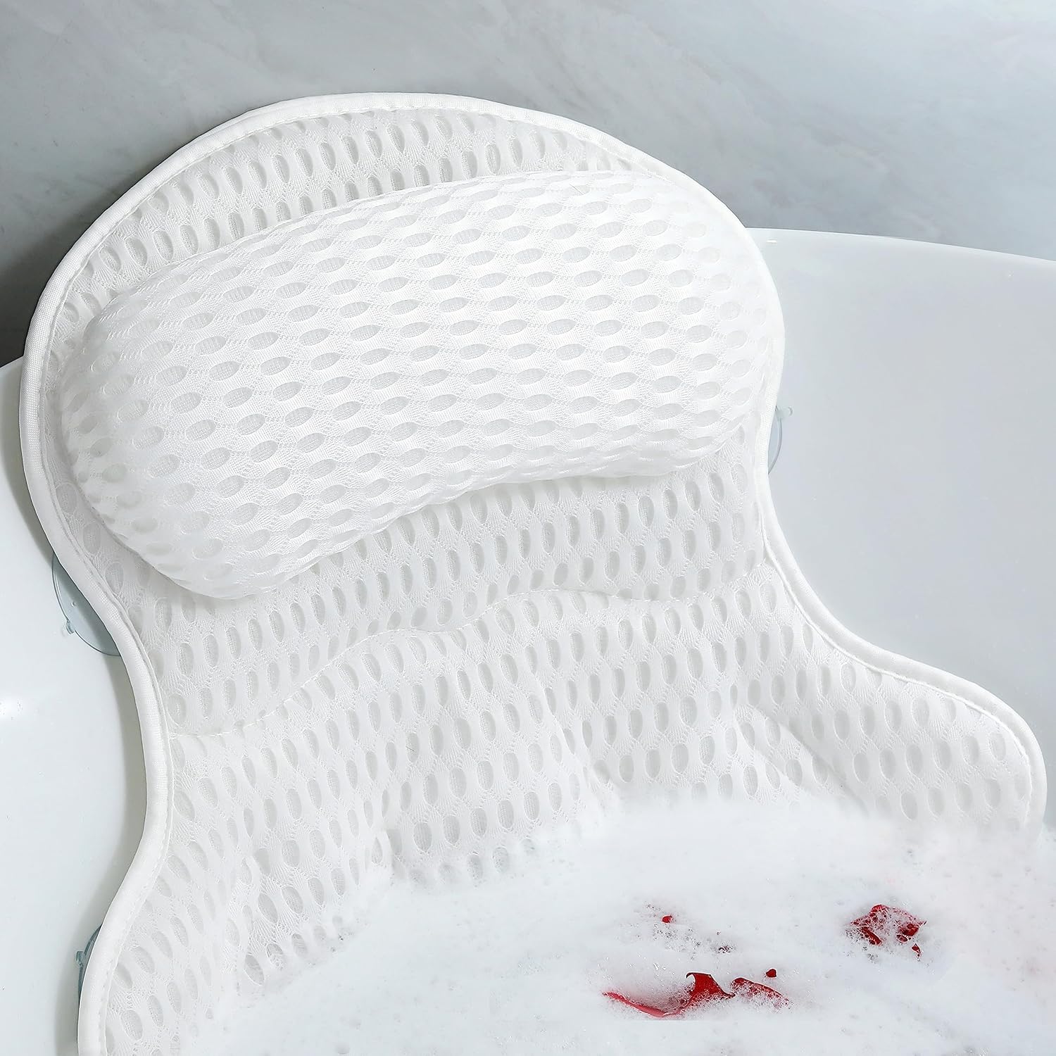 Badewannenkissen mit Nacken- und Rückenstütze – Ergonomisches Badekissen aus 4D-Air-Mesh mit 6 Saugnäpfen