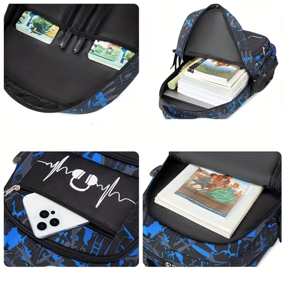 Kinder-Schulrucksack-Set mit Gamer-Motiv 32 × 21 × 45 cm – 3-teiliges Rucksack-Set aus Polyester mit Lunchbag & Federmäppchen