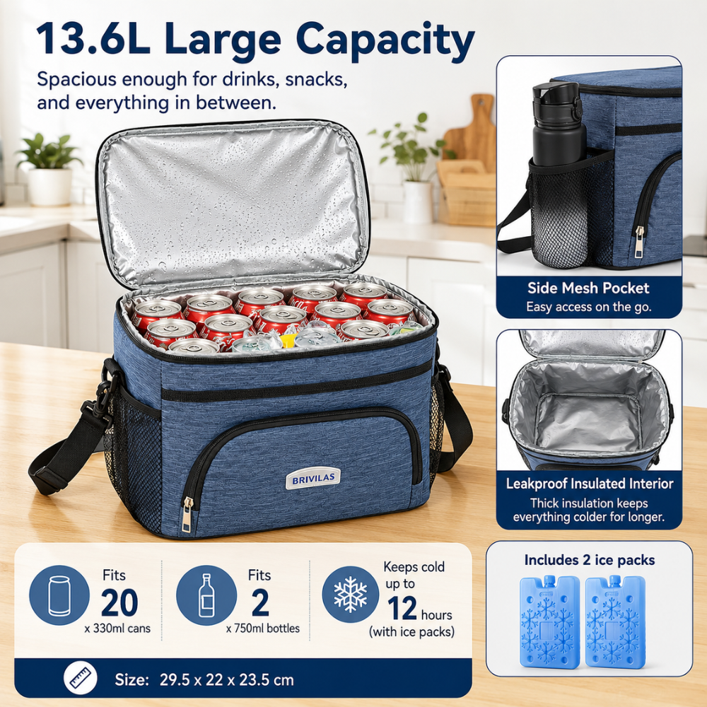 Isolierte Kühltasche Lunchtasche aus Oxford-Stoff 22 x 29,5 x 21 cm mit Schultergurt für Arbeit Picknick Camping