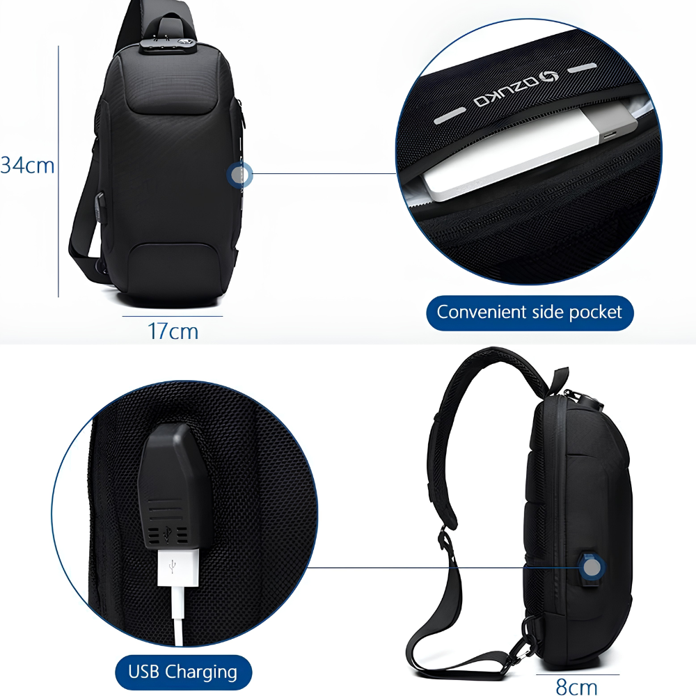 17 x 8 x 34 cm Anti-Diebstahl Sling Bag Herren & Damen - Wasserdichte Brusttasche mit USB-Anschluss