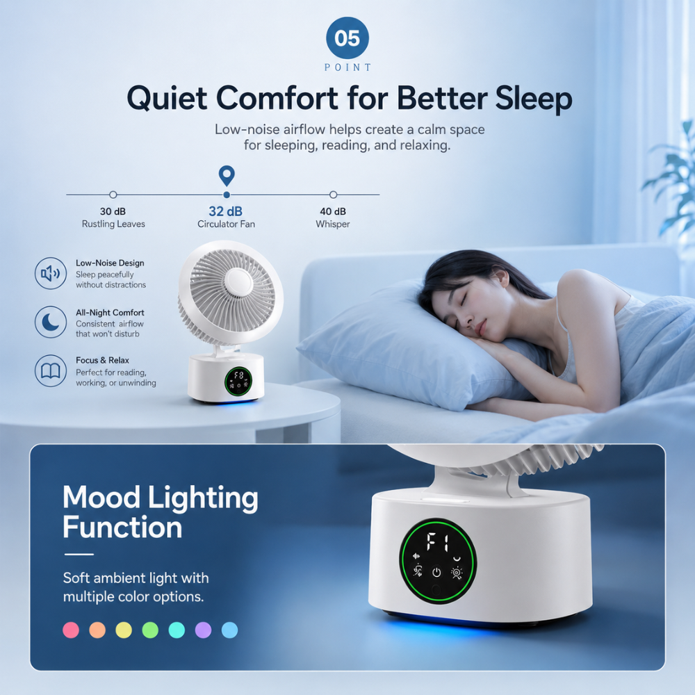 Tragbarer USB Wandventilator mit Akku Fernbedienung Sprachsteuerung 3 Geschwindigkeiten Nachtlicht ABS