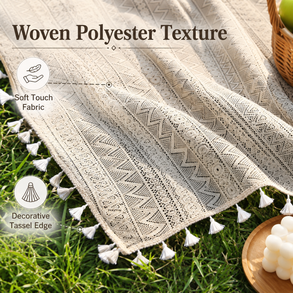 Boho Picknickdecke Beige mit Fransen – waschbare Decke bis XXL für Picknick, Strand, Garten & Esstisch