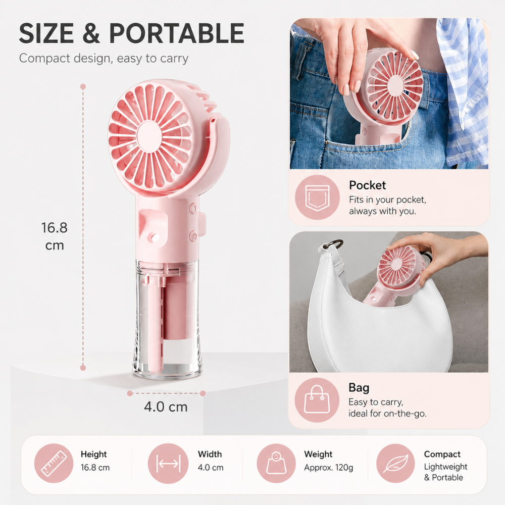 Tragbarer Handventilator mit Wasserspray und drehbarem Kopf – USB-aufladbarer Mini-Nebelventilator mit 4 Geschwindigkeitsstufen für Sommer, Reisen & Outdoor