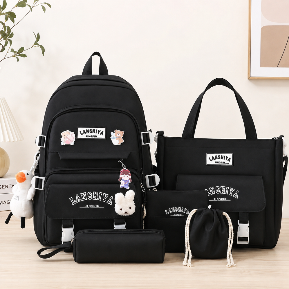 Teenager-Schulrucksack-Set 5-teilig 40 × 30 × 13 cm – Großer Studentenrucksack mit Tragetasche, Mäppchen & Beuteln für Schule, Freizeit & Alltag