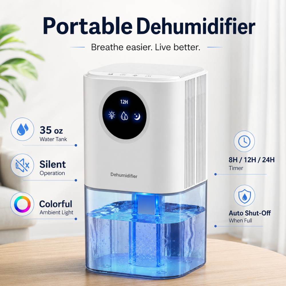 Luftentfeuchter für Zuhause Kompakter Raumentfeuchter mit ca. 1.7L Wassertank, Timer, leisem Betrieb und 7-Farben-Licht