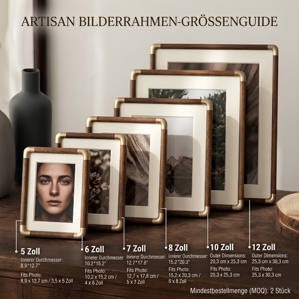 Wilma Holz Bilderrahmen Walnuss - Luxus Fotorahmen mit Messing-Ecken zum Stellen & Hängen
