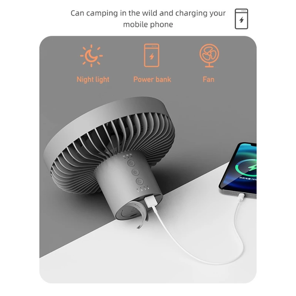 Camping Ventilator mit LED Licht USB Akku Powerbank Hängend oder mit Stativ für Zelt Outdoor