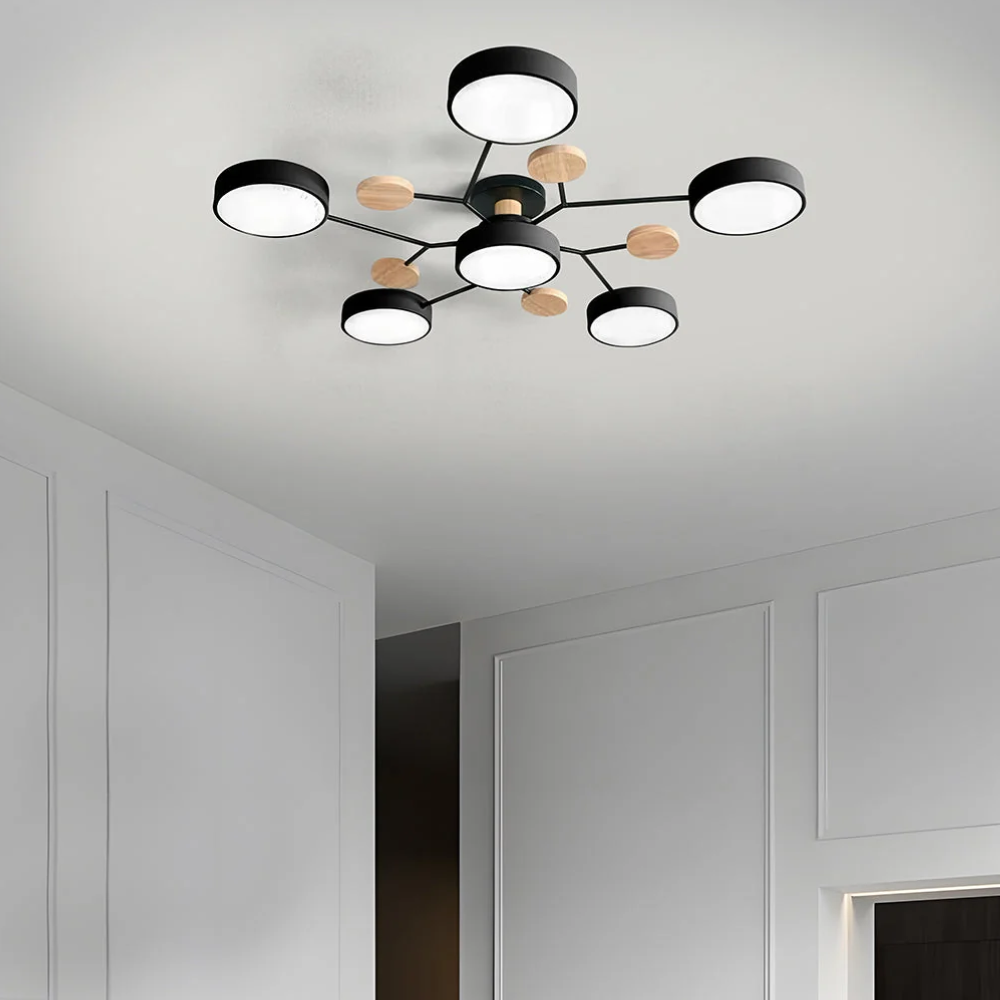 Moderne Mehrpunkt LED Deckenleuchte - Große Holz & Metall Leuchte für Esszimmer