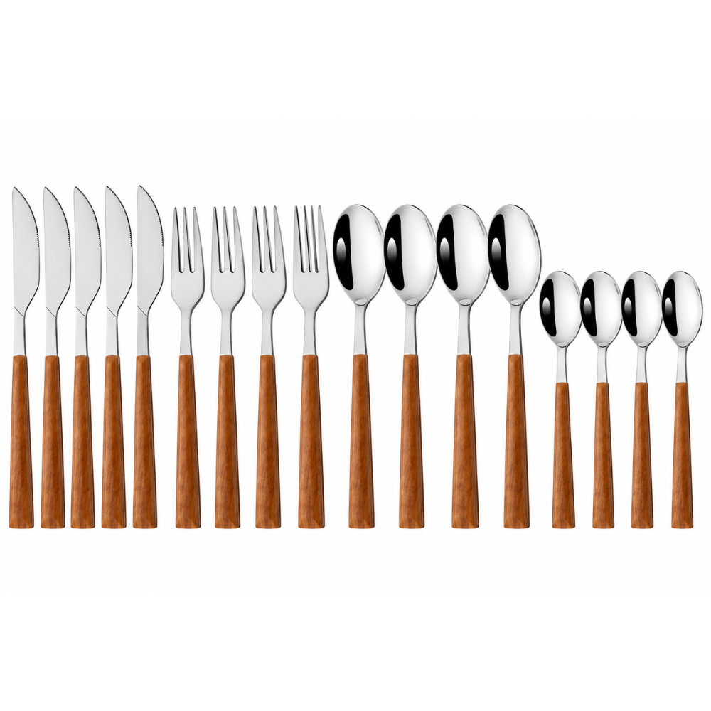 Elegantes Besteck-Set mit Holzimitat Griff - Stilvolles Essbesteck für Küche & Festlich gedeckten Tisch