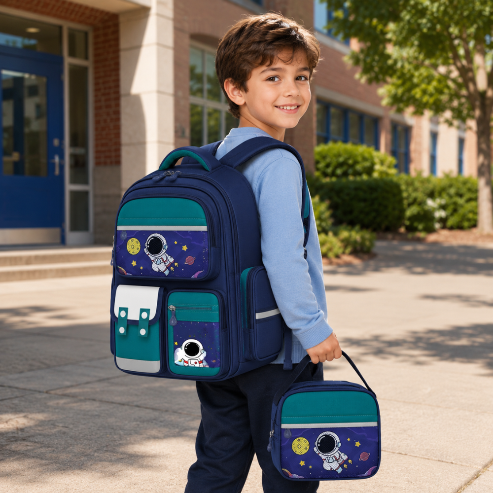 Schulrucksack 3-teilig mit Astronauten-Motiv – Großer Rucksack mit Lunchbag & Federmäppchen für Schule, Reisen & Alltag