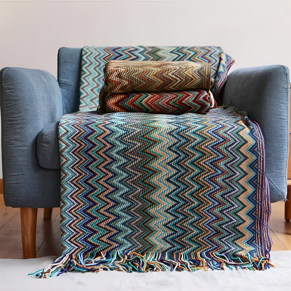 AcrylZag Plaid - Leichte Handgestrickte Boho Fleecedecke mit Quastendesign