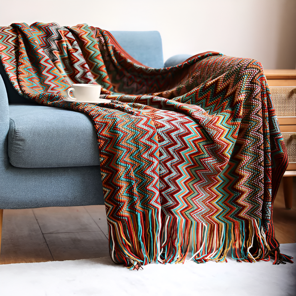 AcrylZag Plaid - Leichte Handgestrickte Boho Fleecedecke mit Quastendesign
