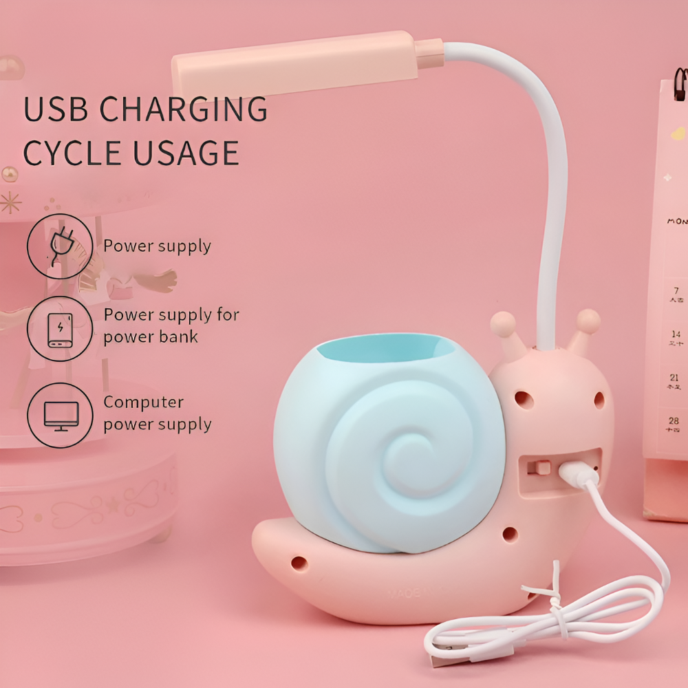 Adorable Snail Shaped LED Schreibtischlampe - Wiederaufladbare USB Tischlampe - Augenfreundliches Nachtlicht, Praktischer Stiftehalter