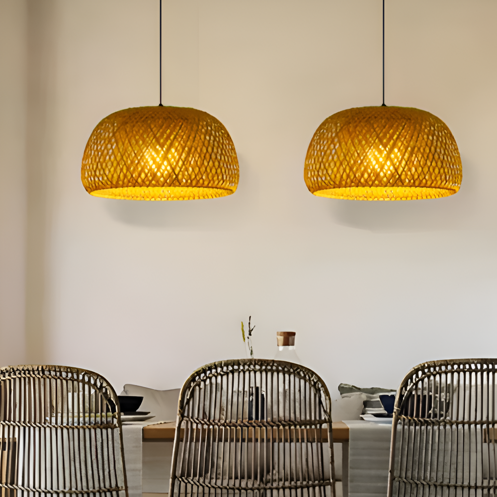 Ästhetische Kuppel Rattan Pendelleuchte - Handgeflochtene Bambus Wicker Hängelampe