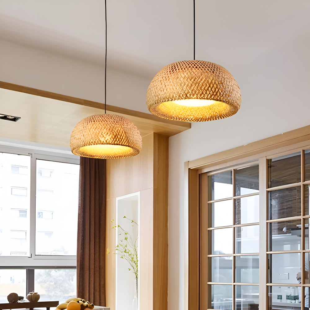 Ästhetische Kuppel Rattan Pendelleuchte - Handgeflochtene Bambus Wicker Hängelampe