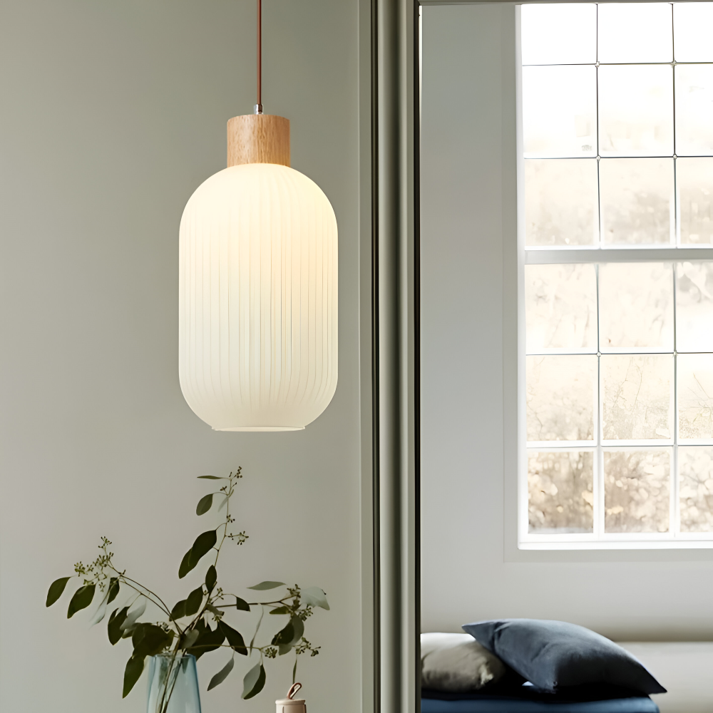 AkariLuxe Pendelleuchte - Elegante Japanische Milky Weiß Gerippte Glas Hängelampe