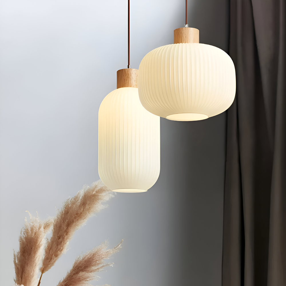 AkariLuxe Pendelleuchte - Elegante Japanische Milky Weiß Gerippte Glas Hängelampe