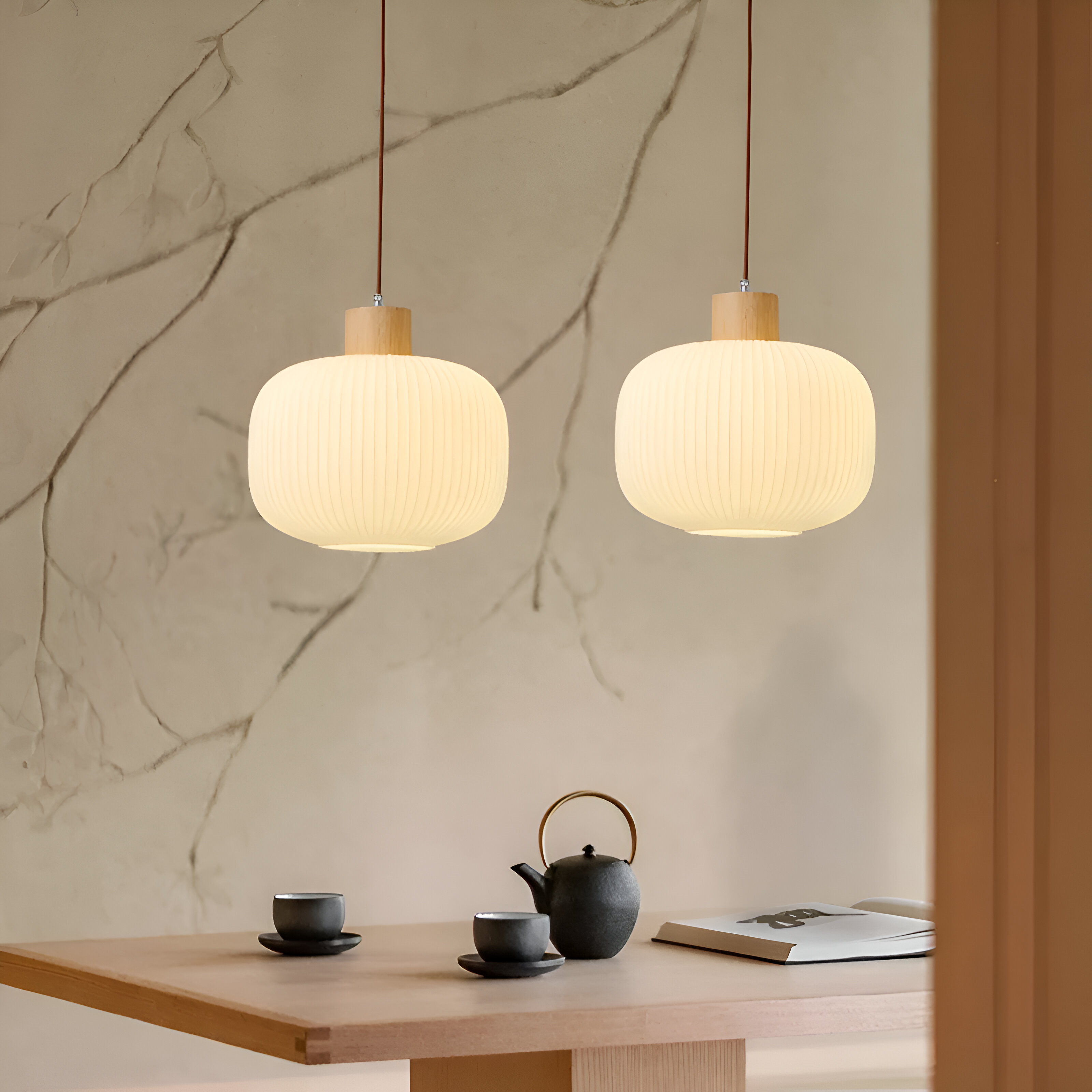 AkariLuxe Pendelleuchte - Elegante Japanische Milky Weiß Gerippte Glas Hängelampe